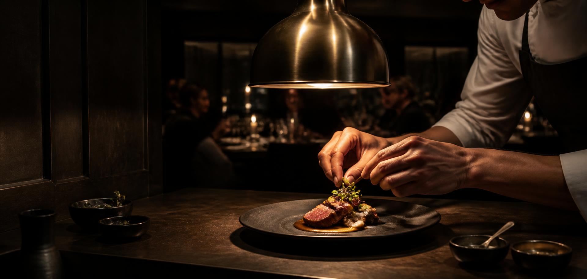 Chef finishing a plate under a brass service lamp at the pass